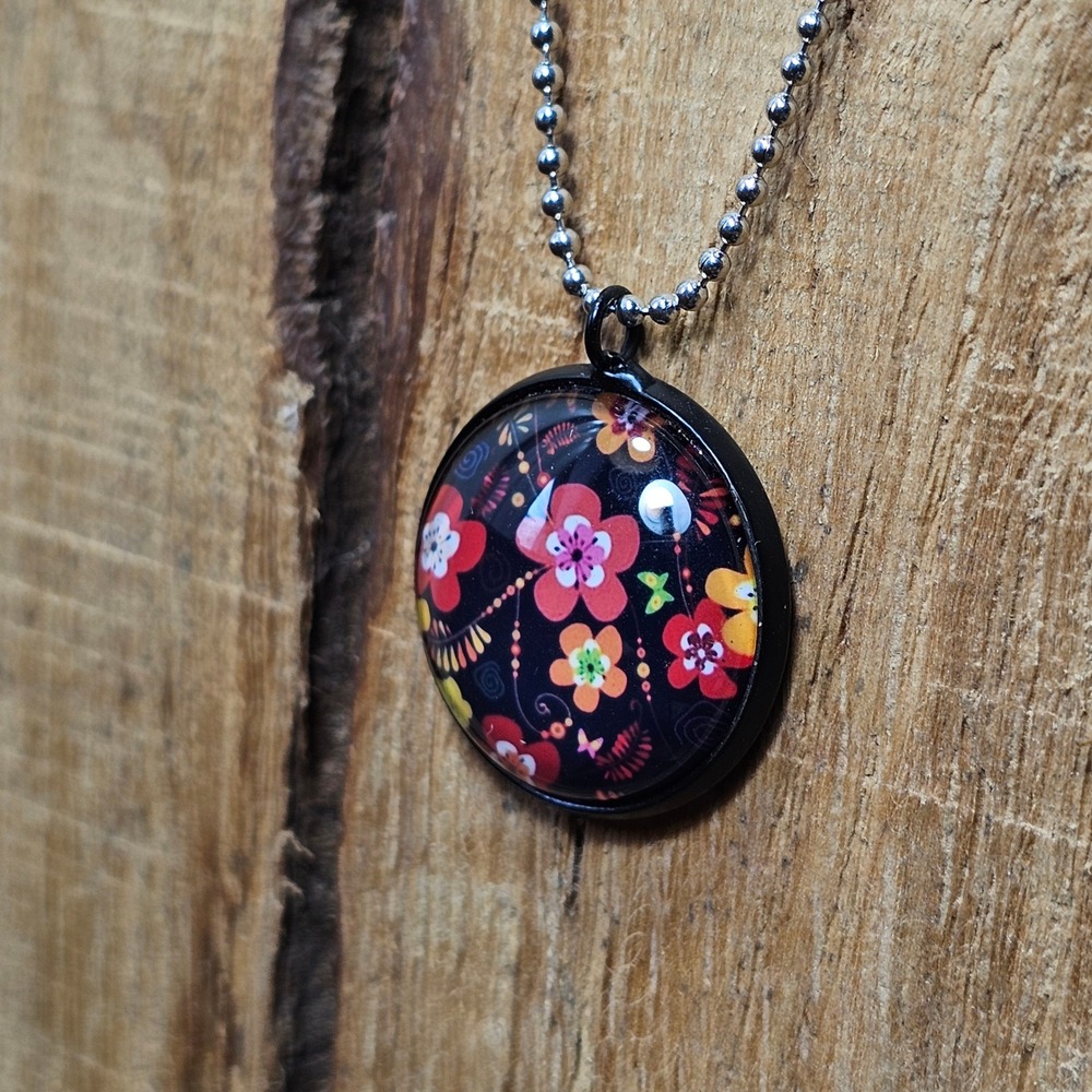 Black Floral Cabochon Necklace OS Pendant Ball Chain Folk Art Style